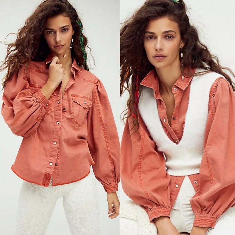 NWT Free People With Love Denim Button Front Top - Picture 1 of 6